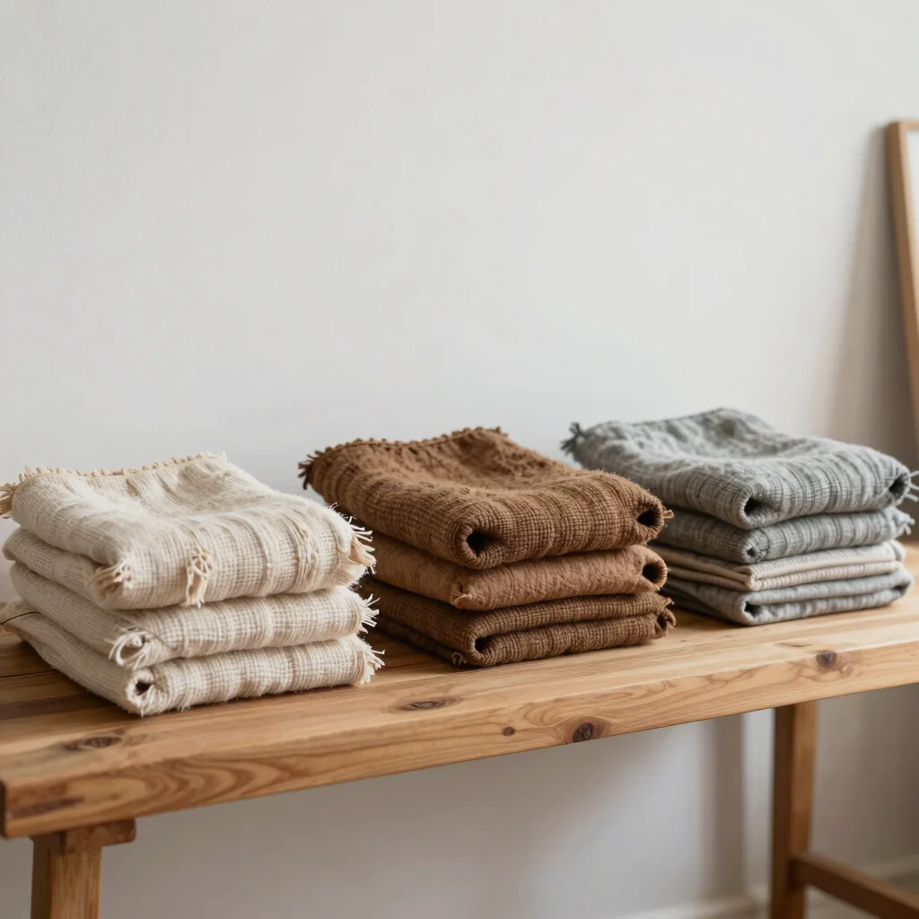 Varias piezas de fieltro dispuestas sobre una repisa de madera en