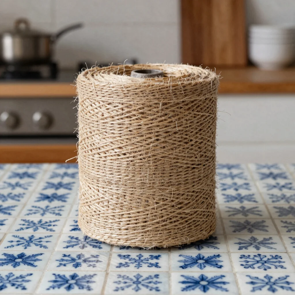 Pieza de fieltro cilíndrica sobre una mesa de cocina con azulejos