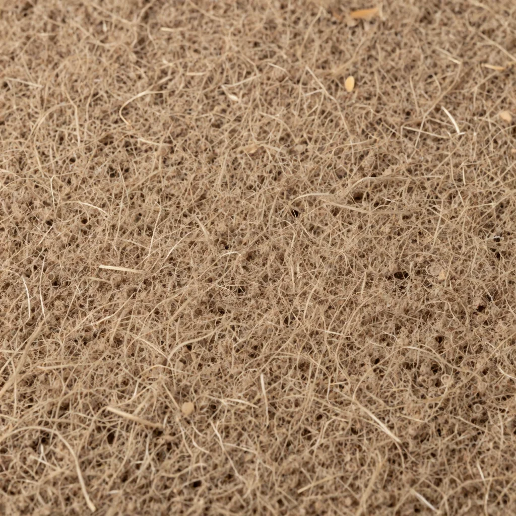 Primer plano macro de fibras de fieltro con textura densa y porosa, luz natural lateral suave, tonos tierra, formato 35