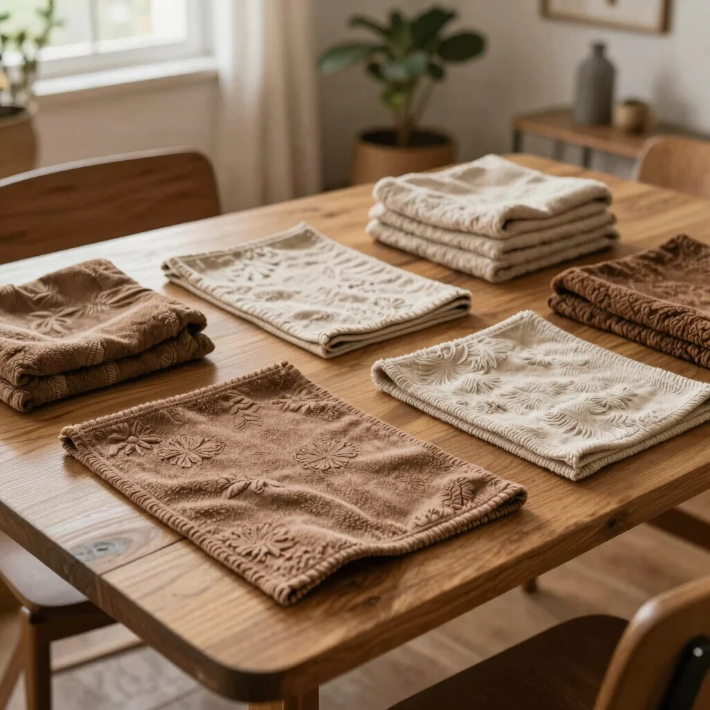 Conjunto de piezas de fieltro agrupadas sobre una mesa de madera